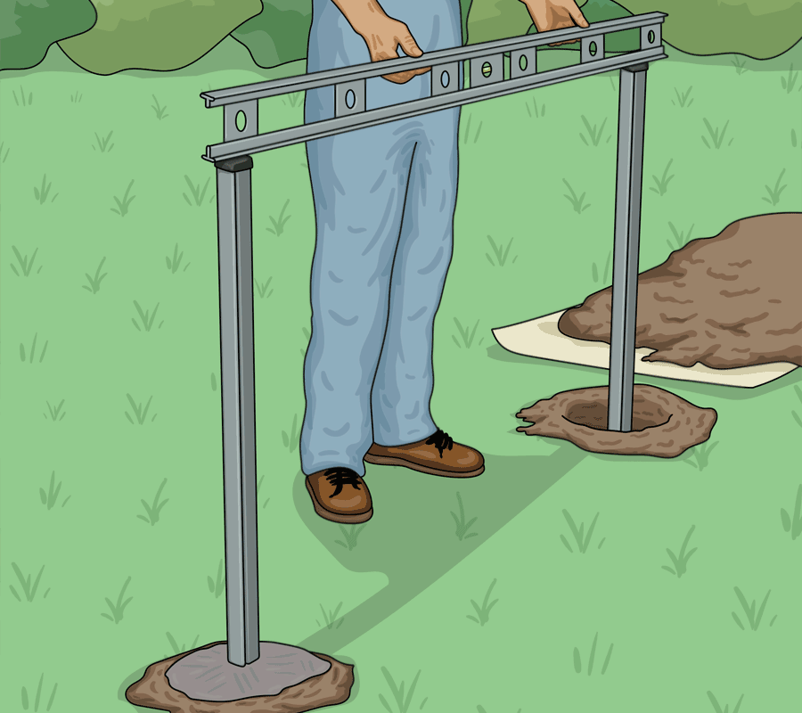 Steg 6. Kontrollera samtliga stolpars läge med vattenpasset.