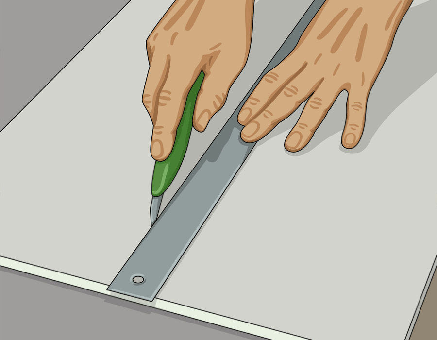 2. Skär gipsskivan efter linjalen med gipskniv