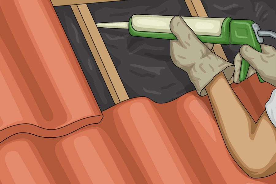 Lägger tätningsmassa för tak med sprutpistol