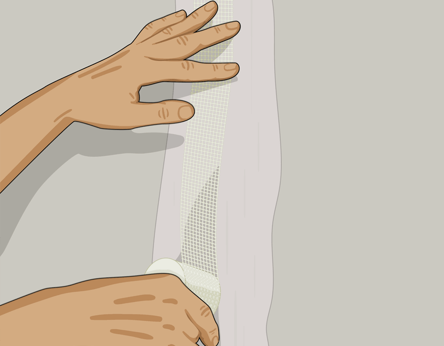 Händer som fäster ett nät (skarvremsa) på en gipsvägg