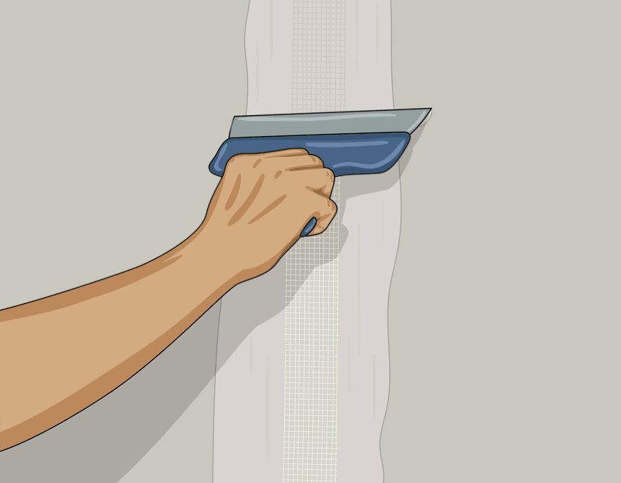 Hand som applicerar spackel över spackelnätet på en gipsvägg med en spackelspade