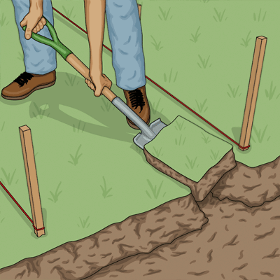 Skär upp gräs med spade. Steg 3